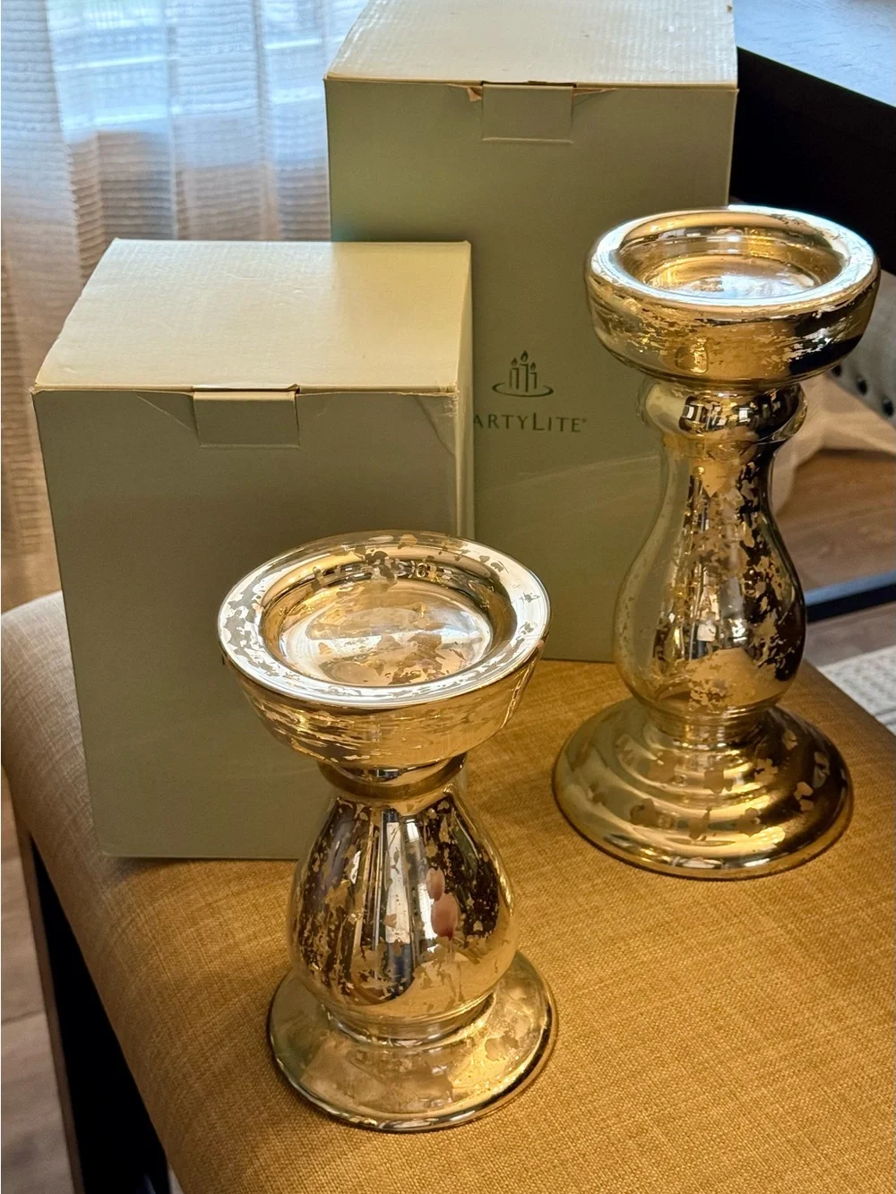 Retired Party-Lite  Mercury Glass Pillar Candle Holder Set - Silver/Champagne - Picture 2 of 5